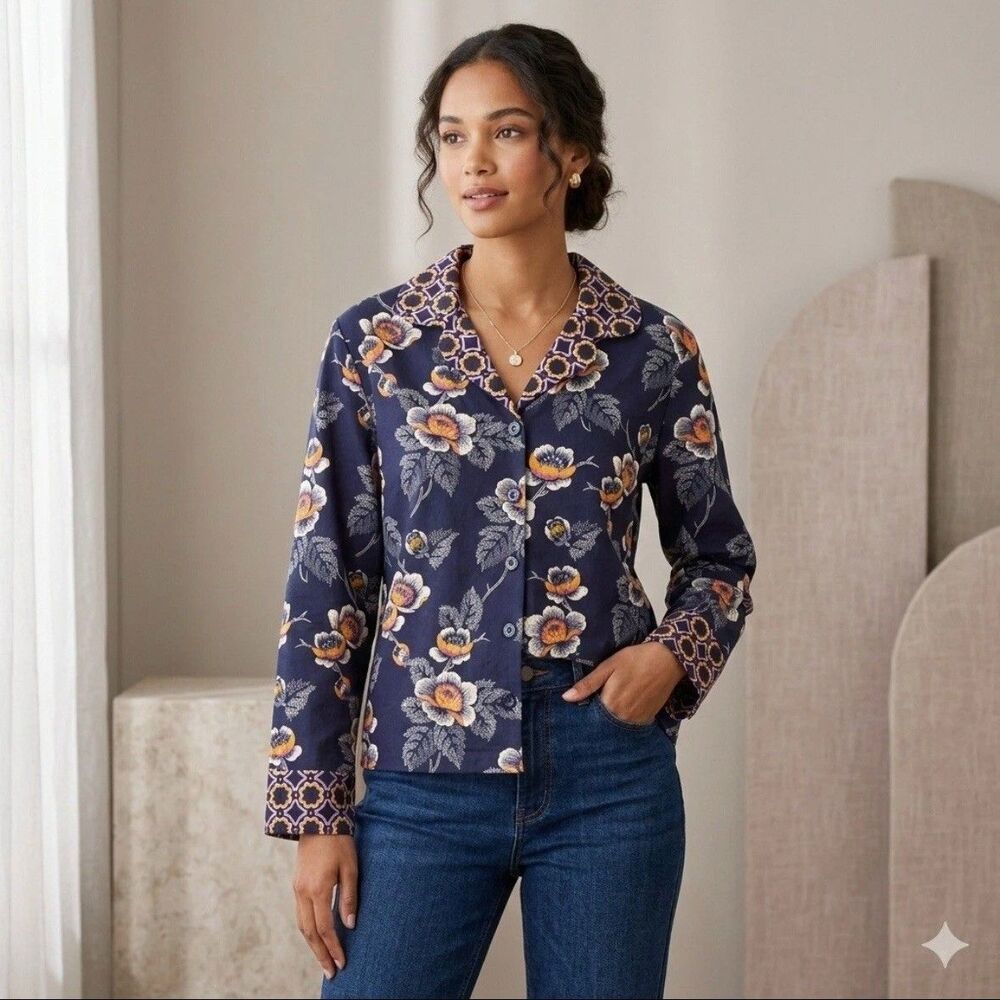 Vera Bradley Floral Blouse Womens L Navy Blue Button Front Cottagecore Boho Top